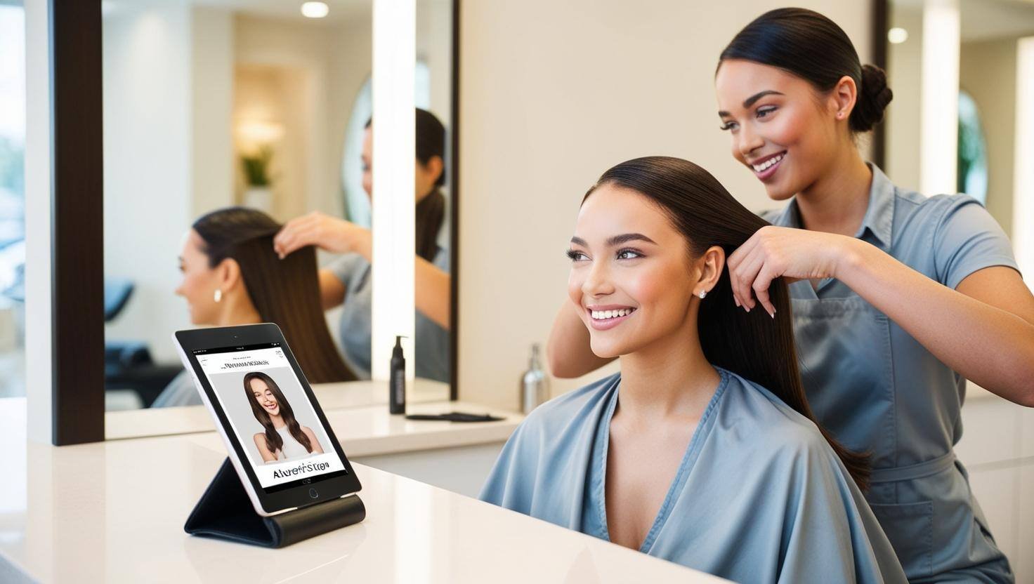 A shot of a young woman with well-groomed hair and radiant skin, sitting in a modern, upscale salon while getting her hair styled. She is smiling warmly and visibly engaged, enjoying the experience as she looks di