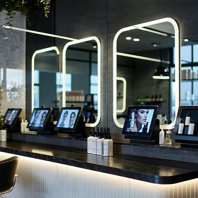 A modern, highend salon with sleek, compact digital advertising screens subtly placed on the counter in front of the mirror that each client is facin A modern, highend salon with sleek, compact digital advertising screens subtly placed on the counter in front of the mirror that each client is facin