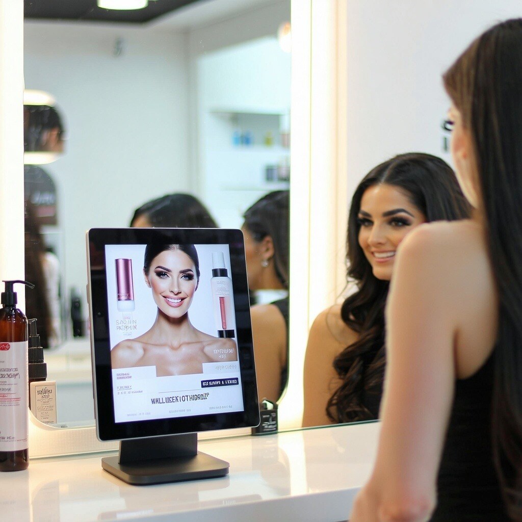 A modern, stylish salon with a sleek, compact digital screen placed on the counter in front of the mirror where clients sit for their hair appointmen-1